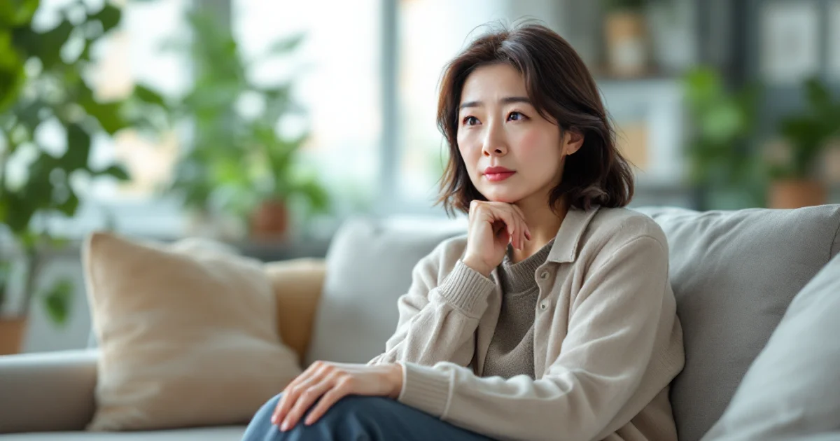 明るいリビングのソファに腰かけ、頬に手を添えて考え込むような表情を浮かべる40代前後の日本人女性