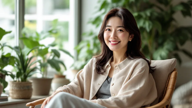 観葉植物のそばで、椅子に座りゆったりとリラックスしながら微笑む40代前後の日本人女性