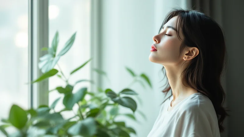 観葉植物のそばで深呼吸をしながらリラックスする日本人女性の横顔。心と体を落ち着けるセルフケアのイメージ