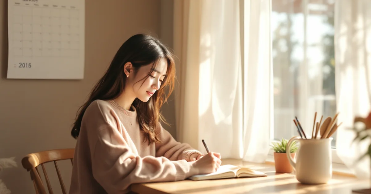 やわらかな朝の光が差し込む部屋でカレンダーを見ながら手帳に体調を書きとめる日本人女性、落ち着いた表情