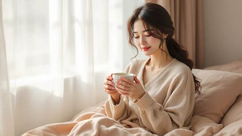 ベッドサイドで温かい飲み物のカップを両手で包み、ゆったりと休む日本人女性のやわらかな雰囲気のイメージ