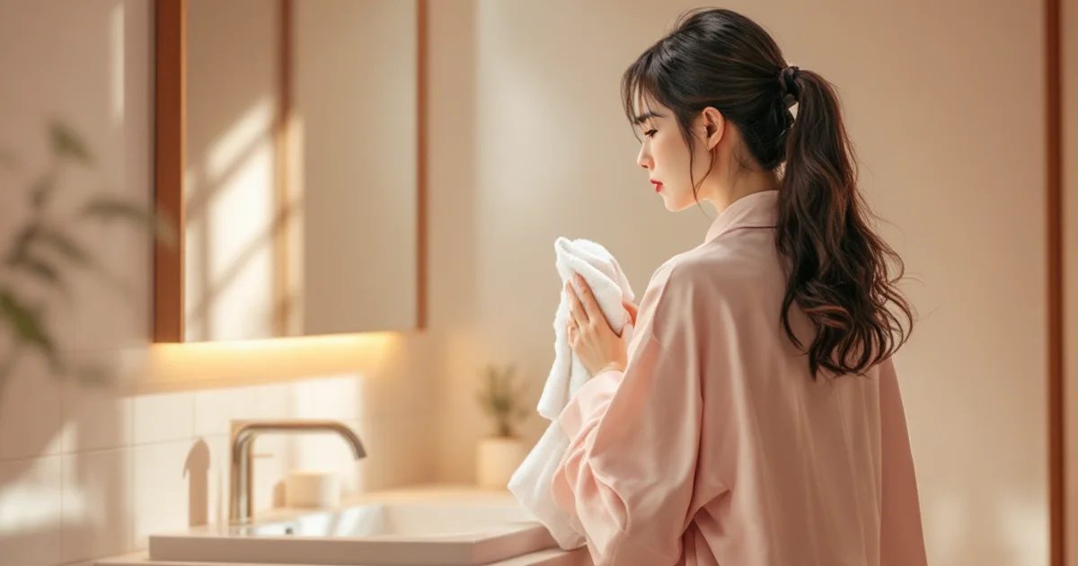 朝の洗面台の前でパジャマ姿の後ろ姿の日本人女性が、鏡を見ながら不安げな表情でタオルを手にしている。デリケートな不調に気づいたシーン