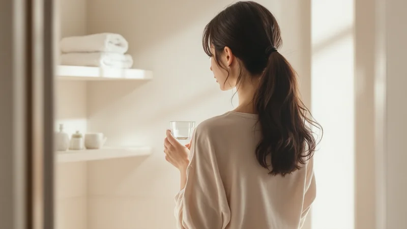 やわらかな光の入る洗面所で清潔なタオルとコップを手に取り、デリケートゾーンケアについて考える日本人女性の後ろ姿