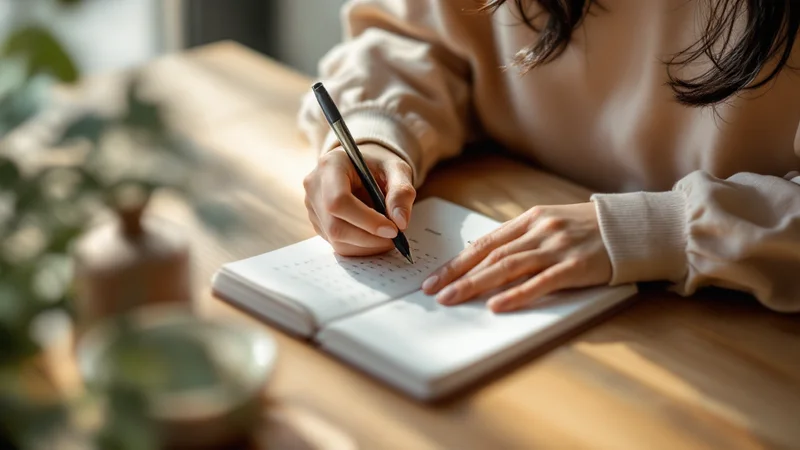 木のテーブルで小さな手帳にペンで書き込んでいる女性の手元