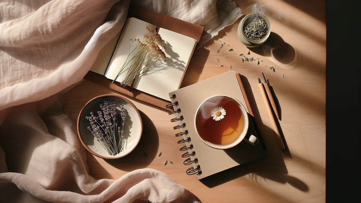 窓辺に置かれたカモミールティーと手帳。穏やかな朝の光の中でセルフケアのイメージ