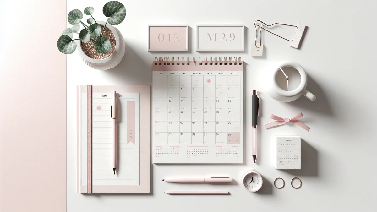 カレンダーと月経周期を記録したノート。生理周期の記録イメージ