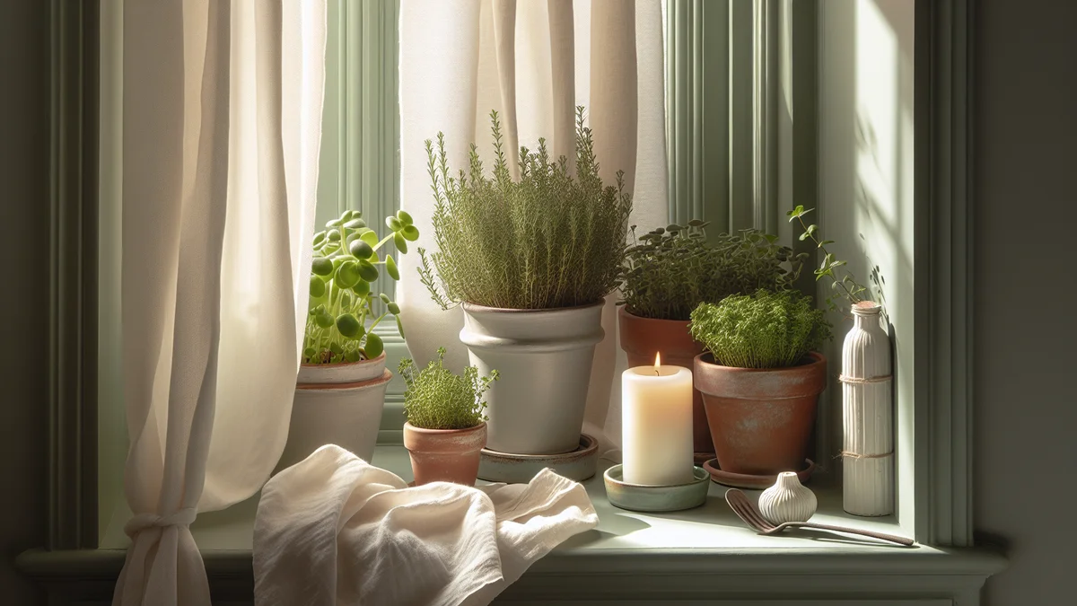 窓辺に置かれたハーブと白いキャンドル。穏やかな室内のリラックスイメージ