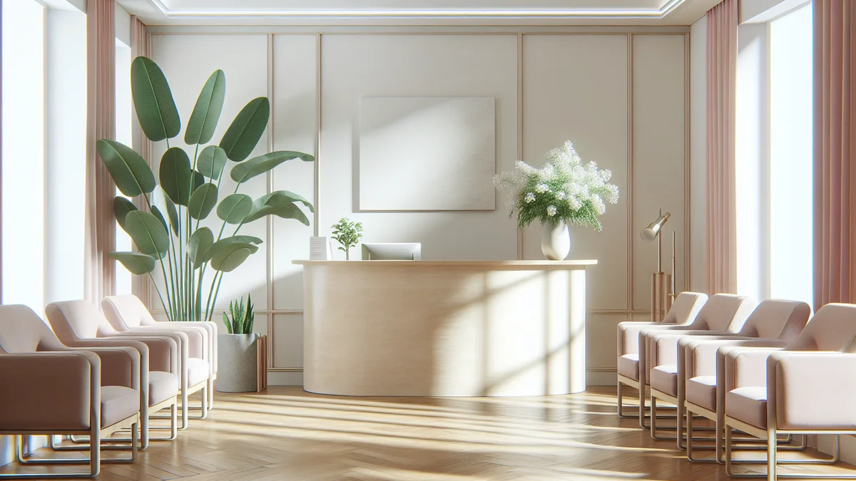 清潔感のある婦人科クリニックの受付。観葉植物が置かれた明るい待合室