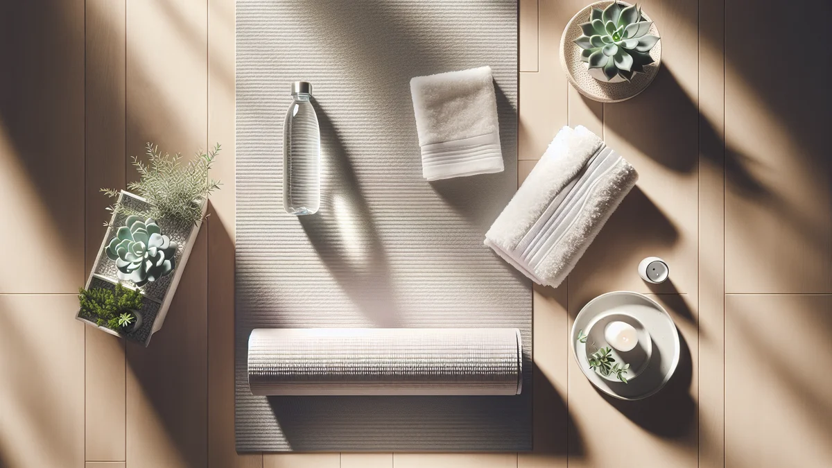 ヨガマットの上に置かれたボトルウォーターとタオル。日常のセルフケアイメージ