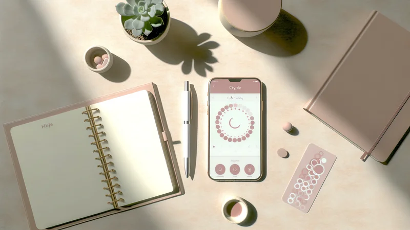 生理周期を記録したスマートフォンのアプリ画面と手帳。ホルモン周期の管理イメージ