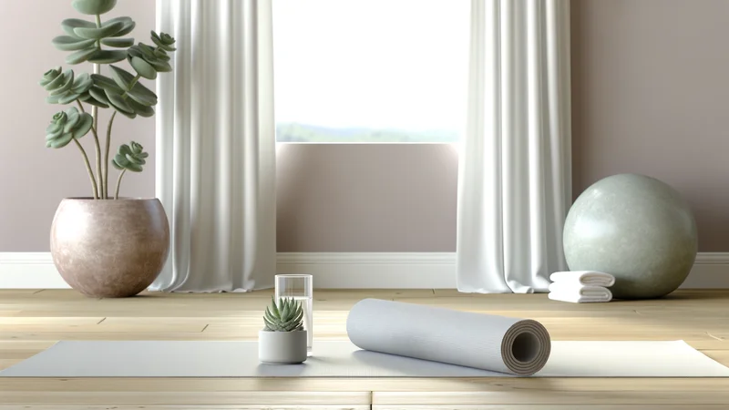 ヨガマットの上で深呼吸する女性。窓から自然光が差し込む穏やかな室内