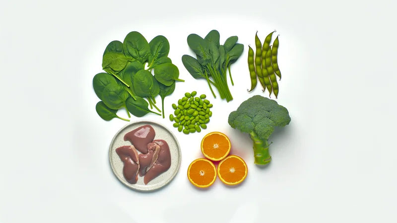 葉酸を多く含む食品（ほうれん草・ブロッコリー・枝豆・レバー）が白いテーブルに並ぶ