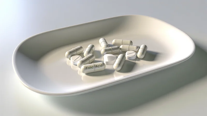 葉酸サプリの錠剤とカプセルが白い皿に並ぶ。天然葉酸と合成葉酸の比較イメージ